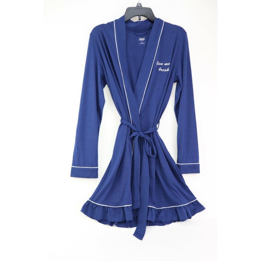Womens Jenni Embroidered "Give Me A Break" Jersey Knit Robe Navy Blue Size xs